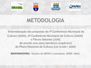 METODOLOGIA
Sistematização das propostas da 1ª Conferência Municipal de
Cultura (2005), 2ª Conferência Municipal de Cultura (2009)
                  e Fóruns Setoriais (2011)
          de acordo com eixos temáticos (capítulos)
      do Plano Nacional de Cultura (Lei 12.343 / 2010)

  RESPONSÁVEIS: Técnicos da SEPAC e consultores UFBA / MinC
 