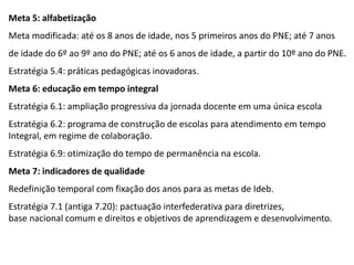 Meta 5: alfabetização
Meta modificada: até os 8 anos de idade, nos 5 primeiros anos do PNE; até 7 anos
de idade do 6º ao 9º ano do PNE; até os 6 anos de idade, a partir do 10º ano do PNE.
Estratégia 5.4: práticas pedagógicas inovadoras.
Meta 6: educação em tempo integral
Estratégia 6.1: ampliação progressiva da jornada docente em uma única escola
Estratégia 6.2: programa de construção de escolas para atendimento em tempo
Integral, em regime de colaboração.
Estratégia 6.9: otimização do tempo de permanência na escola.
Meta 7: indicadores de qualidade
Redefinição temporal com fixação dos anos para as metas de Ideb.

Estratégia 7.1 (antiga 7.20): pactuação interfederativa para diretrizes,
base nacional comum e direitos e objetivos de aprendizagem e desenvolvimento.

 