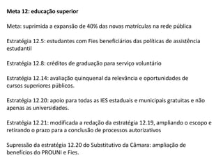 Meta 12: educação superior
Meta: suprimida a expansão de 40% das novas matrículas na rede pública

Estratégia 12.5: estudantes com Fies beneficiários das políticas de assistência
estudantil
Estratégia 12.8: créditos de graduação para serviço voluntário
Estratégia 12.14: avaliação quinquenal da relevância e oportunidades de
cursos superiores públicos.

Estratégia 12.20: apoio para todas as IES estaduais e municipais gratuitas e não
apenas as universidades.
Estratégia 12.21: modificada a redação da estratégia 12.19, ampliando o escopo e
retirando o prazo para a conclusão de processos autorizativos
Supressão da estratégia 12.20 do Substitutivo da Câmara: ampliação de
benefícios do PROUNI e Fies.

 