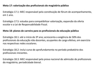 Meta 17: valorização dos profissionais do magistério público
Estratégia 17.1: MEC responsável pela constituição de fórum de acompanhamento,
em 1 ano.
Estratégia 17.5: estudos para compatibilizar valorização, expansão da oferta
escolar e a Lei de Responsabilidade Fiscal.
Meta 18: planos de carreira para os profissionais da educação pública
Estratégia 18.1: até o início do 3º ano; acrescenta a exigência de 50% dos
profissionais da educação não docentes, ocupantes de cargo efetivo, em exercício
nas respectivas redes escolares.
Estratégia 18.2: inclui curso de aprofundamento no período probatório dos
profissionais iniciantes.
Estratégia 18.3: MEC responsável pela prova nacional de admissão de profissionais
do magistério; periodicidade bienal.

 