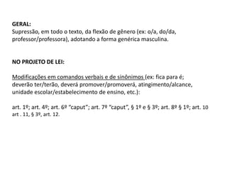 GERAL:
Supressão, em todo o texto, da flexão de gênero (ex: o/a, do/da,
professor/professora), adotando a forma genérica masculina.

NO PROJETO DE LEI:
Modificações em comandos verbais e de sinônimos (ex: fica para é;
deverão ter/terão, deverá promover/promoverá, atingimento/alcance,
unidade escolar/estabelecimento de ensino, etc.):
art. 1º; art. 4º; art. 6º “caput”; art. 7º “caput”, § 1º e § 3º; art. 8º § 1º; art. 10
art . 11, § 3º, art. 12.

 