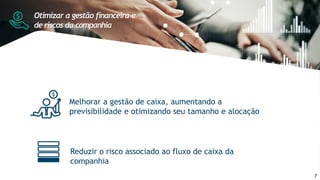 Melhorar a gestão de caixa, aumentando a
previsibilidade e otimizando seu tamanho e alocação
Reduzir o risco associado ao fluxo de caixa da
companhia
Otimizar a gestão financeira e
de riscos da companhia
7
 