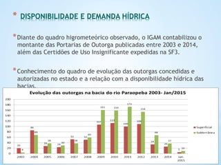 *  DISPONIBILIDADE E DEMANDA HÍDRICA
* Diante do quadro higrometeórico observado, o IGAM contabilizou o
montante das Portarias de Outorga publicadas entre 2003 e 2014,
além das Certidões de Uso Insignificante expedidas na SF3.
* Conhecimento do quadro de evolução das outorgas concedidas e
autorizadas no estado e a relação com a disponibilidade hídrica das
bacias.
 