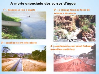 A morte anunciada dos cursos d’água
1º - despeja-se lixo e esgoto
3º - canaliza-se em leito aberto
2º - o córrego torna-se focos de
vetores e de odores
4 - sepultamento com canal fechado
(avenidas sanitárias)
 