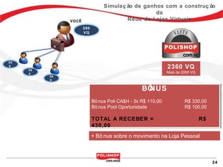 Simulaç ão de ganhos com a construç ão
                                                   da
               VOCÊ                      Rede de Lojas Virtuais
                      590
                      VQ




59
0
     59
                                                              2360 VQ
     0                                                        Mais de 2000 VQ
          59
          0


                                                 BÔ
                                                  NUS
                                                 BÔNUS
                            Bô nus Poli CA$H --3x R$ 110,00
                            Bô nus Poli CA$H 3x R$ 110,00              R$ 330,00
                                                                       R$ 330,00
                            Bô nus Pool Oportunidade
                            Bô nus Pool Oportunidade                   R$ 100,00
                                                                       R$ 100,00

                            TOTAL A RECEBER =
                            TOTAL A RECEBER =                                   R$
                                                                                R$
                            430,00
                            430,00
                            + Bô nus sobre o movimento na Loja Pessoal



                                                                                     24
 