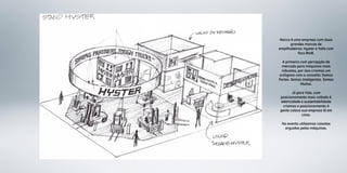 Nacco é uma empresa com duas
grandes marcas de
empilhadeiras: Hyster e Yalle com
foco BtoB.
A primeira com percepção de
mercado para máquinas mais
robustas, por isso criamos um
octógono com o conceito: Somos
Fortes. Somos Inteligentes. Somos
Muitos.
Já para Yale, com
posicionamento mais voltado à
eletricidade e sustentabilidade
criamos o posicionamento A
gente coloca sua empresa lá em
cima.
No evento utilizamos caixotes
erguidos pelas máquinas.
 