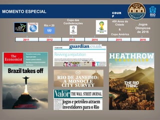 MOMENTO ESPECIAL                                   CDUR
                                                   P
                              Copa das             450 Anos da
                            Confederações            Cidade         Jogos
                 Rio + 20
     CV                                                           Olímpicos
                                                        &
                                                                   de 2016
                                                   Copa América

          2011     2012        2013         2014      2015          2016
 
