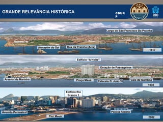GRANDE RELEVÂNCIA HISTÓRICA                                                     CDUR
                                                                                P




                                                                          Largo de São Francisco Da Prainha




                      Armazém do Sal     Rua da Prainha (Acre)
                                                                                                           1817


                                                 Edifício “A Noite”

                                                                      Estação de Passageiros



 Arsenal da Marinha                              Praça Mauá                                    Cais da Gamboa
                                                                 Palacete D. João VI
                                                                                                          1930

                                         Edifício Rio
                                          Branco 1




Avenida Perimetral                                                           Polícia Federal
                             Píer Mauá                                                                    2002
 