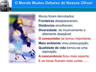O Mundo Mudou Debaixo de Nossos Olhos!Muros foram derrubados;Fronteiras desapareceram;Distâncias encolheram;Diversidade: de inconveniente a altamente desejável;O consumidor se tornou importante;Meio ambiente virou preocupação;Qualidade de vida tornou-se uma aspiração;A concorrência ficou mais esperta;E as horas ficaram mais curtas…...
