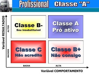 Profissional Classe "A"Classe APró ativoClasse B-Sou insubstituívelALTOSVariável RESULTADOSClasse B+Não consigoClasse CNão acreditoBAIXOSBAIXAALTAVariável COMPORTAMENTO