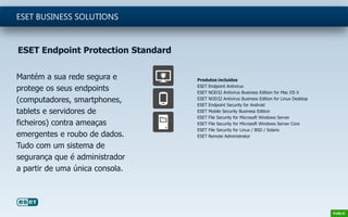 Mantém a sua rede segura e
protege os seus endpoints
(computadores, smartphones,
tablets e servidores de
ficheiros) contra ameaças
emergentes e roubo de dados.
Tudo com um sistema de
segurança que é administrador
a partir de uma única consola.
ESET BUSINESS SOLUTIONS
Produtos incluídos
ESET Endpoint Antivirus
ESET NOD32 Antivirus Business Edition for Mac OS X
ESET NOD32 Antivirus Business Edition for Linux Desktop
ESET Endpoint Security for Android
ESET Mobile Security Business Edition
ESET File Security for Microsoft Windows Server
ESET File Security for Microsoft Windows Server Core
ESET File Security for Linux / BSD / Solaris
ESET Remote Administrator
ESET Endpoint Protection Standard
 