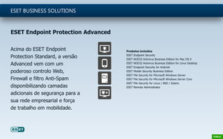 Acima do ESET Endpoint
Protection Standard, a versão
Advanced vem com um
poderoso controlo Web,
Firewall e filtro Anti-Spam
disponibilizando camadas
adicionais de segurança para a
sua rede empresarial e força
de trabalho em mobilidade.
ESET BUSINESS SOLUTIONS
Produtos incluídos
ESET Endpoint Security
ESET NOD32 Antivirus Business Edition for Mac OS X
ESET NOD32 Antivirus Business Edition for Linux Desktop
ESET Endpoint Security for Android
ESET Mobile Security Business Edition
ESET File Security for Microsoft Windows Server
ESET File Security for Microsoft Windows Server Core
ESET File Security for Linux / BSD / Solaris
ESET Remote Administrator
ESET Endpoint Protection Advanced
 