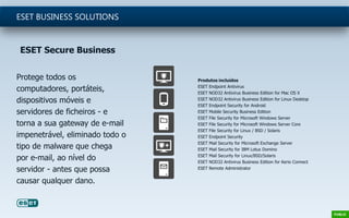 Protege todos os
computadores, portáteis,
dispositivos móveis e
servidores de ficheiros - e
torna a sua gateway de e-mail
impenetrável, eliminado todo o
tipo de malware que chega
por e-mail, ao nível do
servidor - antes que possa
causar qualquer dano.
ESET BUSINESS SOLUTIONS
Produtos incluídos
ESET Endpoint Antivirus
ESET NOD32 Antivirus Business Edition for Mac OS X
ESET NOD32 Antivirus Business Edition for Linux Desktop
ESET Endpoint Security for Android
ESET Mobile Security Business Edition
ESET File Security for Microsoft Windows Server
ESET File Security for Microsoft Windows Server Core
ESET File Security for Linux / BSD / Solaris
ESET Endpoint Security
ESET Mail Security for Microsoft Exchange Server
ESET Mail Security for IBM Lotus Domino
ESET Mail Security for Linux/BSD/Solaris
ESET NOD32 Antivirus Business Edition for Kerio Connect
ESET Remote Administrator
ESET Secure Business
 