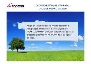 DECRETO ESTADUAL NO 46.974,
DE 21 DE MARÇO DE 2016
Artigo 1º - Fica instituído o Projeto de Plantio e
Recuperação de Nascentes e Áreas Degradadas -
“PLANTANDO O FUTURO”, em cumprimento as ações
propostas pelo Decreto NE nº 298, de 15 de agosto
de 2015.
 