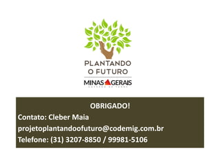 OBRIGADO!
Contato: Cleber Maia
projetoplantandoofuturo@codemig.com.br
Telefone: (31) 3207-8850 / 99981-5106
 