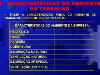 - FAZER A CARACTERIZAÇÃO FÍSICA DO AMBIENTE DE
TRABALHO, CONFORME O QUADRO ABAIXO:
8 - CARACTERÍSTICAS DO AMBIENTE
DE TRABALHO
CARACTERÍSTICAS DO AMBIENTE DA EMPRESA
PÉ DIREITO:
PISO:
PAREDES:
COBERTURA:
ILUMINAÇÃO NATURAL:
VENTILAÇÃO NATURAL:
ILUMINAÇÃO ARTIFICIAL
VENTILAÇÃO ARTIFICIAL:
 