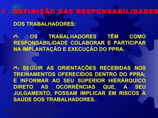 11 - DEFINIÇÃO DAS RESPONSABILIDADES
DOS TRABALHADORES:
- OS TRABALHADORES TÊM COMO
RESPONSABILIDADE COLABORAR E PARTICIPAR
NA IMPLANTAÇÃO E EXECUÇÃO DO PPRA.
- SEGUIR AS ORIENTAÇÕES RECEBIDAS NOS
TREINAMENTOS OFERECIDOS DENTRO DO PPRA;
E INFORMAR AO SEU SUPERIOR HIERÁRQUICO
DIRETO AS OCORRÊNCIAS QUE, A SEU
JULGAMENTO, POSSAM IMPLICAR EM RISCOS À
SAÚDE DOS TRABALHADORES.
 
