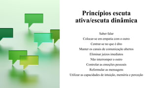 Princípios escuta
ativa/escuta dinâmica
Saber falar
Colocar-se em empatia com o outro
Centrar-se no que é dito
Manter os canais de comunicação abertos
Eliminar juízos imediatos
Não interromper o outro
Controlar as emoções pessoais
Reformular as mensagens
Utilizar as capacidades de intuição, memória e perceção
 