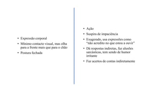 • Expressão corporal
• Mínimo contacto visual, mas olha
para a frente mais que para o chão
• Postura fechada
• Ação
• Suspira de impaciência
• Exagerado, usa expressões como
“não acredito no que estou a ouvir”
• Dá respostas indiretas, faz alusões
sarcásticas, tem sendo de humor
irritante
• Faz acertos de contas indiretamente
 
