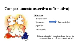 Comportamento assertivo (afirmativo)
Expressão:
- necessidades
- interesses Sem ansiedade
- opiniões
- sentimentos
Estabelecimento e manutenção de formas de
comunicação mais eficazes e construtivas.
 