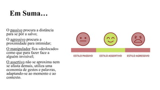 Em Suma…
O passivo procura a distância
para se pôr a salvo;
O agressivo procura a
proximidade para intimidar;
O manipulador fica «deslocado»
como que para fazer face a
alguém invisível;
O assertivo não se aproxima nem
se afasta demais, utiliza uma
economia de gestos e palavras,
adaptando-se ao momento e ao
contexto.
 