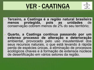  Terceiro, a Caatinga é a região natural brasileira
menos protegida, pois as unidades de
conservação cobrem menos de 2% do seu território;
 Quarto, a Caatinga continua passando por um
extenso processo de alteração e deterioração
ambiental, provocado pelo uso insustentável dos
seus recursos naturais, o que está levando à rápida
perda de espécies únicas, à eliminação de processos
ecológicos chaves e à formação de extensos núcleos
de desertificação em vários setores da região.
 