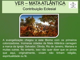 Contribuição Eclesial
A evangelização chegou a este Bioma com os primeiros
colonizadores. Inúmeras cidades da Mata Atlântica carregam
a marca da Igreja: Salvador, Olinda, Rio de Janeiro, Mariana e
muitas outras. No entanto, isso não quer dizer que os povos
que aqui, originalmente, viviam não tinham religião,
espiritualidade ou fé.
 
