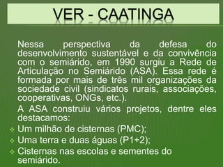 Nessa perspectiva da defesa do
desenvolvimento sustentável e da convivência
com o semiárido, em 1990 surgiu a Rede de
Articulação no Semiárido (ASA). Essa rede é
formada por mais de três mil organizações da
sociedade civil (sindicatos rurais, associações,
cooperativas, ONGs, etc.).
A ASA construiu vários projetos, dentre eles
destacamos:
 Um milhão de cisternas (PMC);
 Uma terra e duas águas (P1+2);
 Cisternas nas escolas e sementes do
semiárido.
 