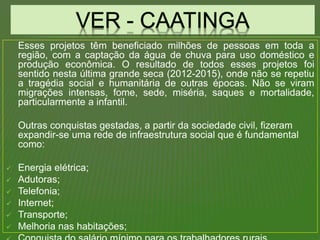 Esses projetos têm beneficiado milhões de pessoas em toda a
região, com a captação da água de chuva para uso doméstico e
produção econômica. O resultado de todos esses projetos foi
sentido nesta última grande seca (2012-2015), onde não se repetiu
a tragédia social e humanitária de outras épocas. Não se viram
migrações intensas, fome, sede, miséria, saques e mortalidade,
particularmente a infantil.
Outras conquistas gestadas, a partir da sociedade civil, fizeram
expandir-se uma rede de infraestrutura social que é fundamental
como:
 Energia elétrica;
 Adutoras;
 Telefonia;
 Internet;
 Transporte;
 Melhoria nas habitações;
 