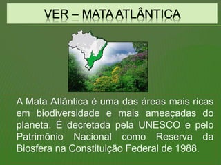 A Mata Atlântica é uma das áreas mais ricas
em biodiversidade e mais ameaçadas do
planeta. É decretada pela UNESCO e pelo
Patrimônio Nacional como Reserva da
Biosfera na Constituição Federal de 1988.
 