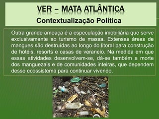 Contextualização Política
Outra grande ameaça é a especulação imobiliária que serve
exclusivamente ao turismo de massa. Extensas áreas de
mangues são destruídas ao longo do litoral para construção
de hotéis, resorts e casas de veraneio. Na medida em que
essas atividades desenvolvem-se, dá-se também a morte
dos manguezais e de comunidades inteiras, que dependem
desse ecossistema para continuar vivendo.
 