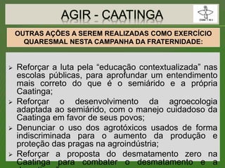  Reforçar a luta pela “educação contextualizada” nas
escolas públicas, para aprofundar um entendimento
mais correto do que é o semiárido e a própria
Caatinga;
 Reforçar o desenvolvimento da agroecologia
adaptada ao semiárido, com o manejo cuidadoso da
Caatinga em favor de seus povos;
 Denunciar o uso dos agrotóxicos usados de forma
indiscriminada para o aumento da produção e
proteção das pragas na agroindústria;
 Reforçar a proposta do desmatamento zero na
Caatinga para combater o desmatamento e a
OUTRAS AÇÕES A SEREM REALIZADAS COMO EXERCÍCIO
QUARESMAL NESTA CAMPANHA DA FRATERNIDADE:
 