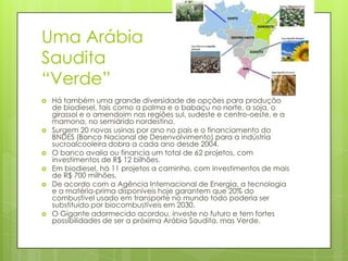 Uma Arábia
Saudita
“Verde”
   Há também uma grande diversidade de opções para produção
    de biodiesel, tais como a palma e o babaçu no norte, a soja, o
    girassol e o amendoim nas regiões sul, sudeste e centro-oeste, e a
    mamona, no semiárido nordestino.
   Surgem 20 novas usinas por ano no país e o financiamento do
    BNDES (Banco Nacional de Desenvolvimento) para a indústria
    sucroalcooleira dobra a cada ano desde 2004.
   O banco avalia ou financia um total de 62 projetos, com
    investimentos de R$ 12 bilhões.
   Em biodiesel, há 11 projetos a caminho, com investimentos de mais
    de R$ 700 milhões.
   De acordo com a Agência Internacional de Energia, a tecnologia
    e a matéria-prima disponíveis hoje garantem que 20% do
    combustível usado em transporte no mundo todo poderia ser
    substituído por biocombustíveis em 2030.
   O Gigante adormecido acordou, investe no futuro e tem fortes
    possibilidades de ser a próxima Arábia Saudita, mas Verde.
 