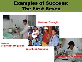 Francisco
Doutorando em fitopatologi
Noberto
Doutorando em química
Mestre em Educação
Engenheiro Agrônomo
Examples of Success:
The First Seven
 