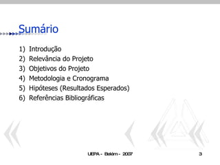 Sumário Introdução Relevância do Projeto Objetivos do Projeto Metodologia e Cronograma Hipóteses (Resultados Esperados) Referências Bibliográficas 