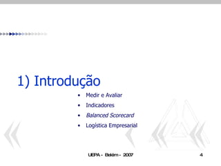 1) Introdução Medir e Avaliar Indicadores Balanced Scorecard Logística Empresarial 
