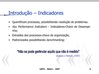 Introdução – Indicadores Quantificam processos, possibilitando resolução de problemas. Key Performance Indicators  – Indicadores-Chave de Desempe- nho; Extraídos dos processos-chave da organização; Padronizados possibilitando  benchmarking; "Não se pode gerênciar aquilo que não é medido" (Kaplan e Norton, 1997) 