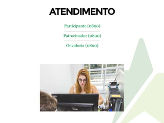 Participante (0800)
Patrocinador (0800)
Ouvidoria (0800)
 