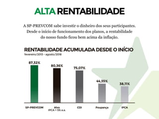 A SP-PREVCOM sabe investir o dinheiro dos seus participantes.
Desde o início de funcionamento dos planos, a rentabilidade
do nosso fundo ficou bem acima da inflação.
 