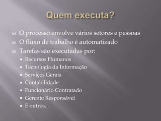 



O processo envolve vários setores e pessoas
O fluxo de trabalho é automatizado
Tarefas são executadas por:
Recursos Humanos
 Tecnologia da Informação
 Serviços Gerais
 Contabilidade
 Funcionário Contratado
 Gerente Responsável
 E outros...


 
