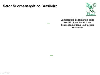 Fonte: MAPA, 2010 Setor Sucroenergético Brasileiro Comparativo da Distância entre os Principais Centros de Produção de Cana e a Floresta Amazônica 