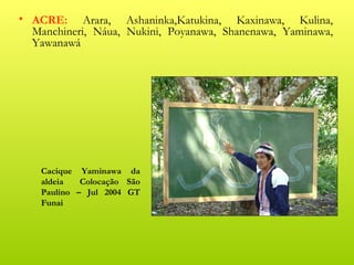 • ACRE: Arara, Ashaninka,Katukina, Kaxinawa, Kulina,
  Manchineri, Náua, Nukini, Poyanawa, Shanenawa, Yaminawa,
  Yawanawá




    Cacique Yaminawa da
    aldeia   Colocação São
    Paulino – Jul 2004 GT
    Funai
 