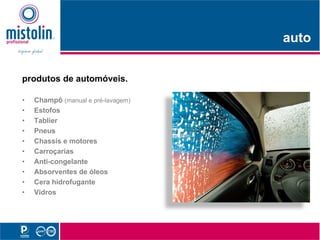 auto
                                      t

produtos de automóveis.

•         p (
    Champô (manual e p       g )
                     pré-lavagem)
•   Estofos
•   Tablier
•   Pneus
•   Chassis e motores
•   Carroçarias
•   Anti-congelante
•   Absorventes de óleos
•   Cera hidrofugante
•   Vidros
 