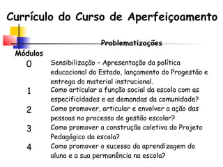 Currículo do Curso de Aperfeiçoamento
Módulos
Problematizações
0 Sensibilização – Apresentação da política
educacional do Estado, lançamento do Progestão e
entrega do material instrucional.
1 Como articular a função social da escola com as
especificidades e as demandas da comunidade?
2 Como promover, articular e envolver a ação das
pessoas no processo de gestão escolar?
3 Como promover a construção coletiva do Projeto
Pedagógico da escola?
4 Como promover o sucesso da aprendizagem do
aluno e a sua permanência na escola?
 