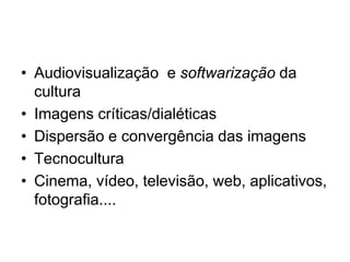 • Audiovisualização e softwarização da
cultura
• Imagens críticas/dialéticas
• Dispersão e convergência das imagens
• Tecnocultura
• Cinema, vídeo, televisão, web, aplicativos,
fotografia....
 