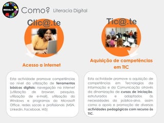 Como?Literacia DigitalTic@.teClic@.teAquisição de competências em TICAcesso a internetEsta actividade promove competências ao nível da utilização de ferramentas básicas digitais: navegação na internet (utilização de browser, pesquisa, utilização de e-mail), utilização do Windows e programas do Microsoft Office, redes socais e profissionais (MSN, Linkedin, Facebook, Hi5)Esta actividade promove a aquisição de competências em Tecnologias da Informação e da Comunicação através da dinamização de cursos de iniciação, estruturados e adaptados às necessidades do público-alvo, assim como o apoio e promoção de diversas actividades pedagógicas com recurso às TIC.
