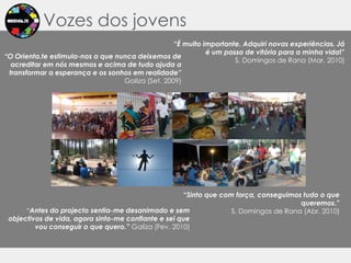 Vozes dos jovens “É muito importante. Adquiri novas experiências. Já é um passo de vitória para a minha vida!” S. Domingos de Rana (Mar. 2010)“O Orienta.te estimula-nos a que nunca deixemos de acreditar em nós mesmos e acima de tudo ajuda a transformar a esperança e os sonhos em realidade” Galiza (Set. 2009)“Sinto que com força, conseguimos tudo o que queremos.”S. Domingos de Rana (Abr. 2010)”Antes do projecto sentia-me desanimado e sem objectivos de vida, agora sinto-me confiante e sei que vou conseguir o que quero.” Galiza (Fev. 2010)