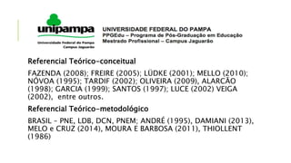 Referencial Teórico-conceitual
FAZENDA (2008); FREIRE (2005); LÜDKE (2001); MELLO (2010);
NÓVOA (1995); TARDIF (2002); OLIVEIRA (2009), ALARCÃO
(1998); GARCIA (1999); SANTOS (1997); LUCE (2002) VEIGA
(2002), entre outros.
Referencial Teórico-metodológico
BRASIL – PNE, LDB, DCN, PNEM; ANDRÉ (1995), DAMIANI (2013),
MELO e CRUZ (2014), MOURA E BARBOSA (2011), THIOLLENT
(1986)
 