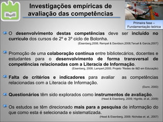 Investigações empíricas de avaliação das competências O  desenvolvimento destas competências  deve ser  incluído no currículo  dos cursos de 2º e 3º ciclo de Bolonha. (Eisenberg,2008; Rempel & Davidson,2008;Teruel & Garcia,2007 ) Promoção de uma  colaboração contínua  entre bibliotecários, docentes e estudantes para o  desenvolvimento de forma transversal de competências relacionadas com a Literacia de Informação . (Eisenberg, 2008; Lampert,2005; Projeto “Redes de I&D em Educação) Falta de critérios e indicadores  para avaliar  as competências relacionadas com a Literacia de Informação. (Dunn, 2000) Questionários  têm sido explorados como  instrumentos de avaliação . (Head & Eisenberg, 2009; Higntte, et al., 2009) Os estudos se têm direcionado  mais para a pesquisa  de informação do que como esta é selecionada e sistematizada. (Head & Eisenberg, 2009; Nicholas et. al., 2007) Primeira fase – Fundamentação teórica 