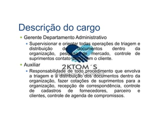 Descrição do cargo
Gerente Departamento Administrativo
Supervisionar e orientar todas operações de triagem e
distribuição de documentos dentro da
organização, pesquisa de mercado, controle de
suprimentos contato direto com o cliente.suprimentos contato direto com o cliente.
Auxiliar
Responsabilidade de todo procedimento que envolva
a triagem e a distribuição dos documentos dentro da
organização, fazer cotações de suprimentos para a
organização, recepção de correspondência, controle
de cadastros de fornecedores, parceiro e
clientes, controle de agenda de compromissos.
 